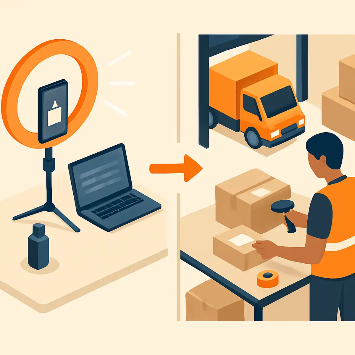 Workstation scene showing a content creator filming a product unboxing video on the left, with the fulfillment warehouse processing orders visible on the right, brand orange accents on the ring lights, the orange-trim packing tape, and the active dispatch workflow