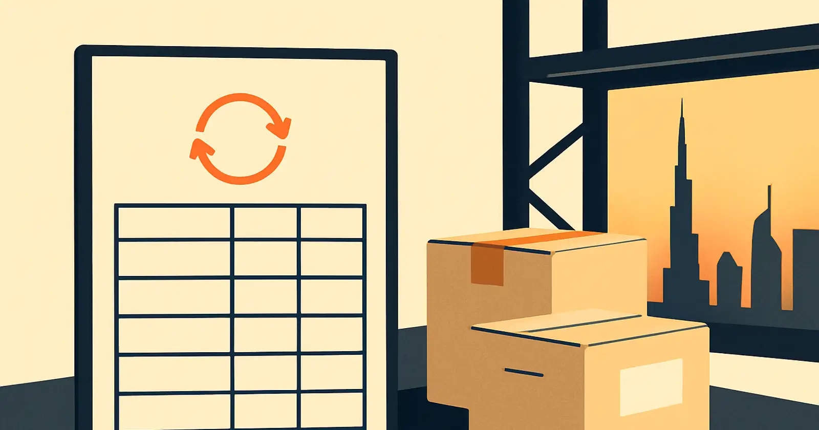 An abstract VAT-return ledger motif beside imported goods in a Dubai warehouse, no readable text, brand orange accents on the return