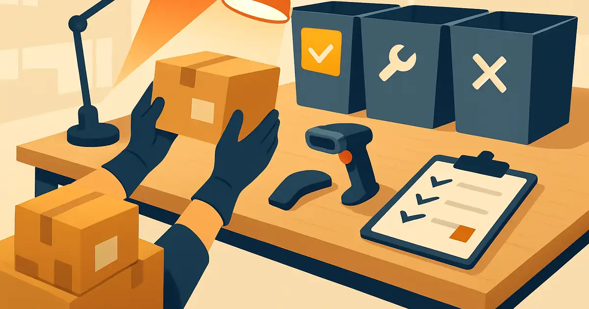Returns inspection workstation with returned cartons being assessed for restock vs disposal, brand orange accents on the inspection tools and approved-for-restock items