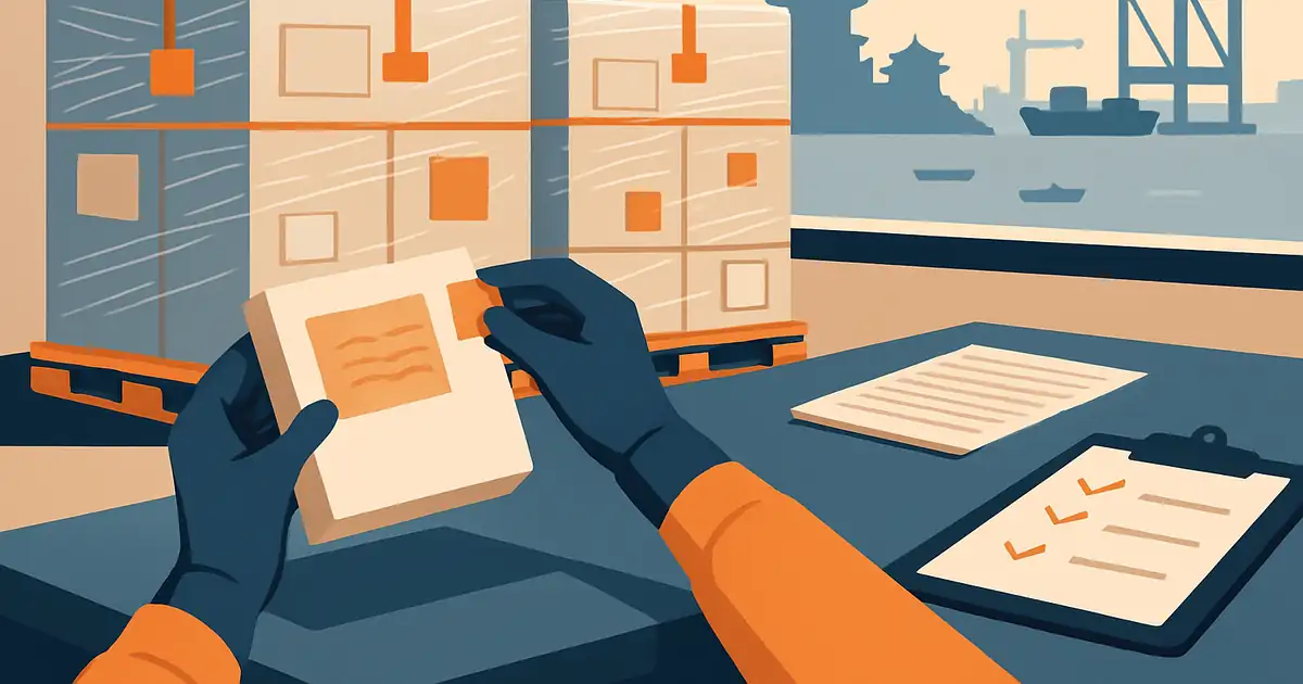 Cross-border container reverse-flow scene showing inventory pallets being prepared for shipment from a UAE warehouse with a Chinese port silhouette in the background, brand orange accents on the inspection documentation and pallet wrap