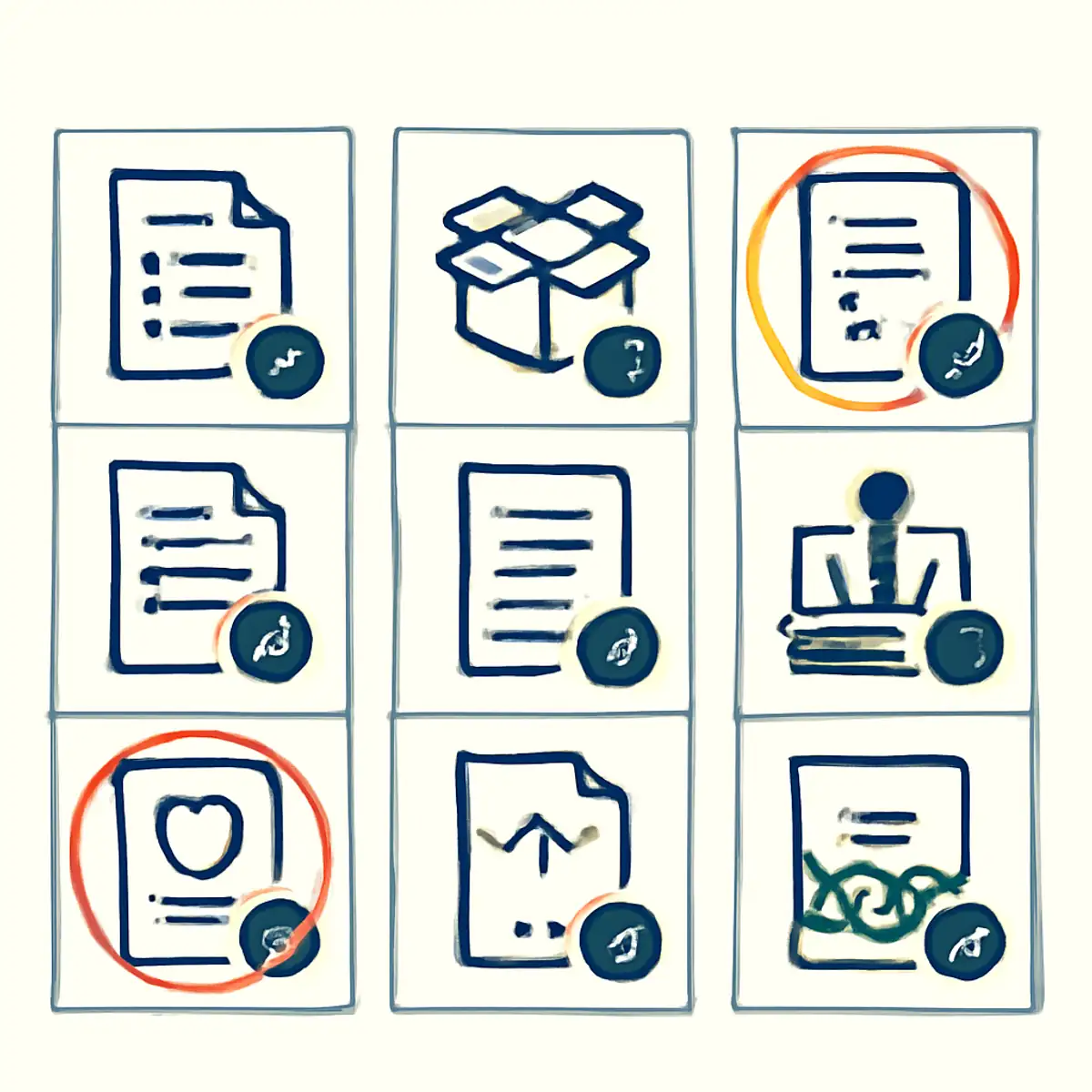 China customs documentation grid showing the eight key documents required for warranty return imports, with brand orange highlighting the original B/L and supplier letter as the duty-waiver enablers