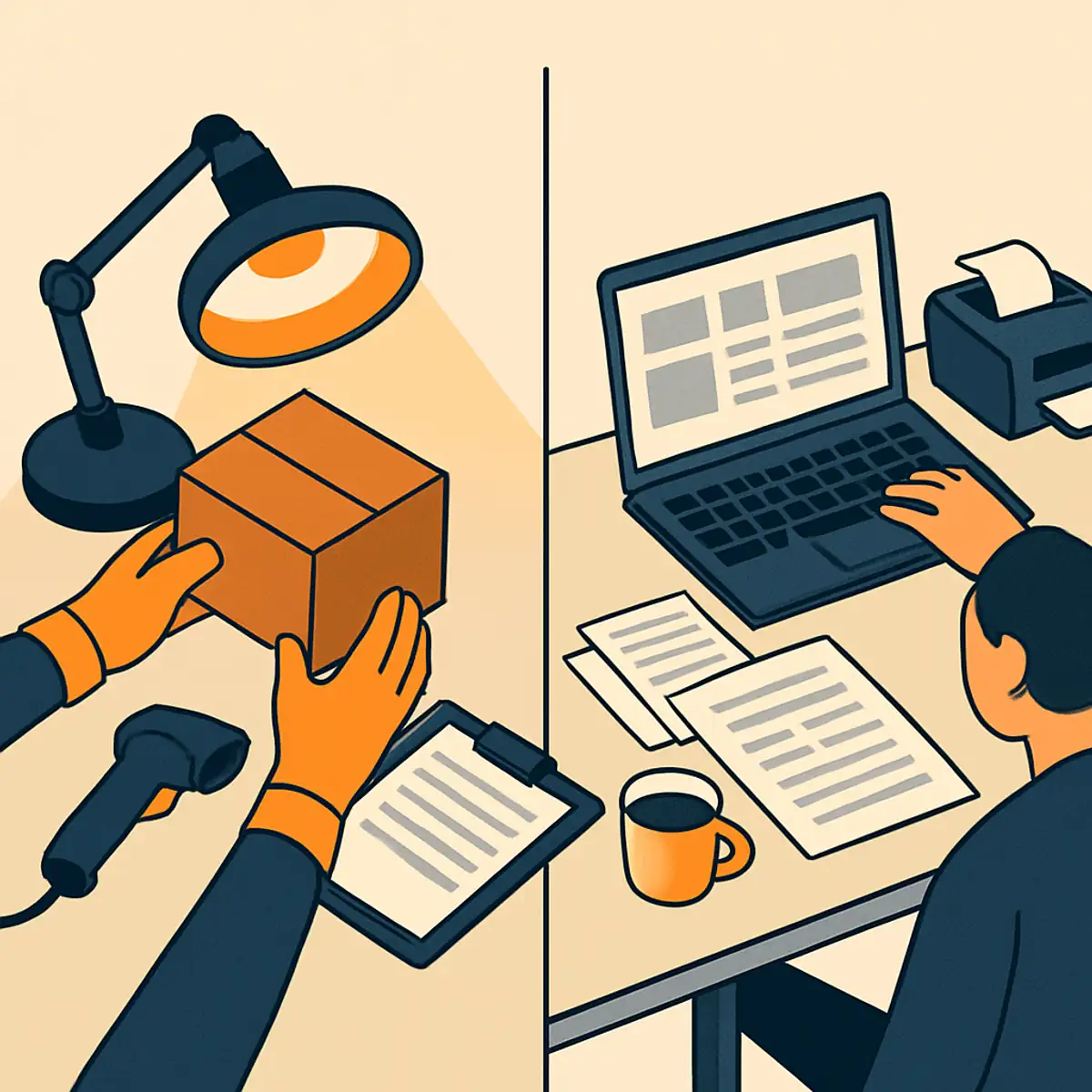Side-by-side workstation scene showing a UAE warehouse inspecting defective units on the left and a coordinator preparing reverse-shipment documentation on the right, brand orange accents on the inspection tools and the documentation