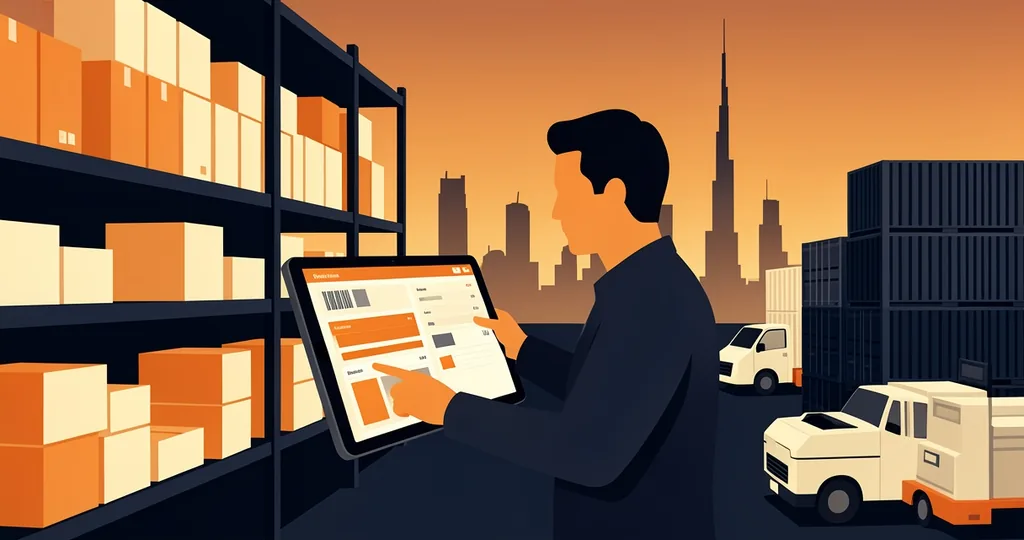 A warehouse manager reviewing inventory data on a digital tablet inside a modern Dubai logistics facility