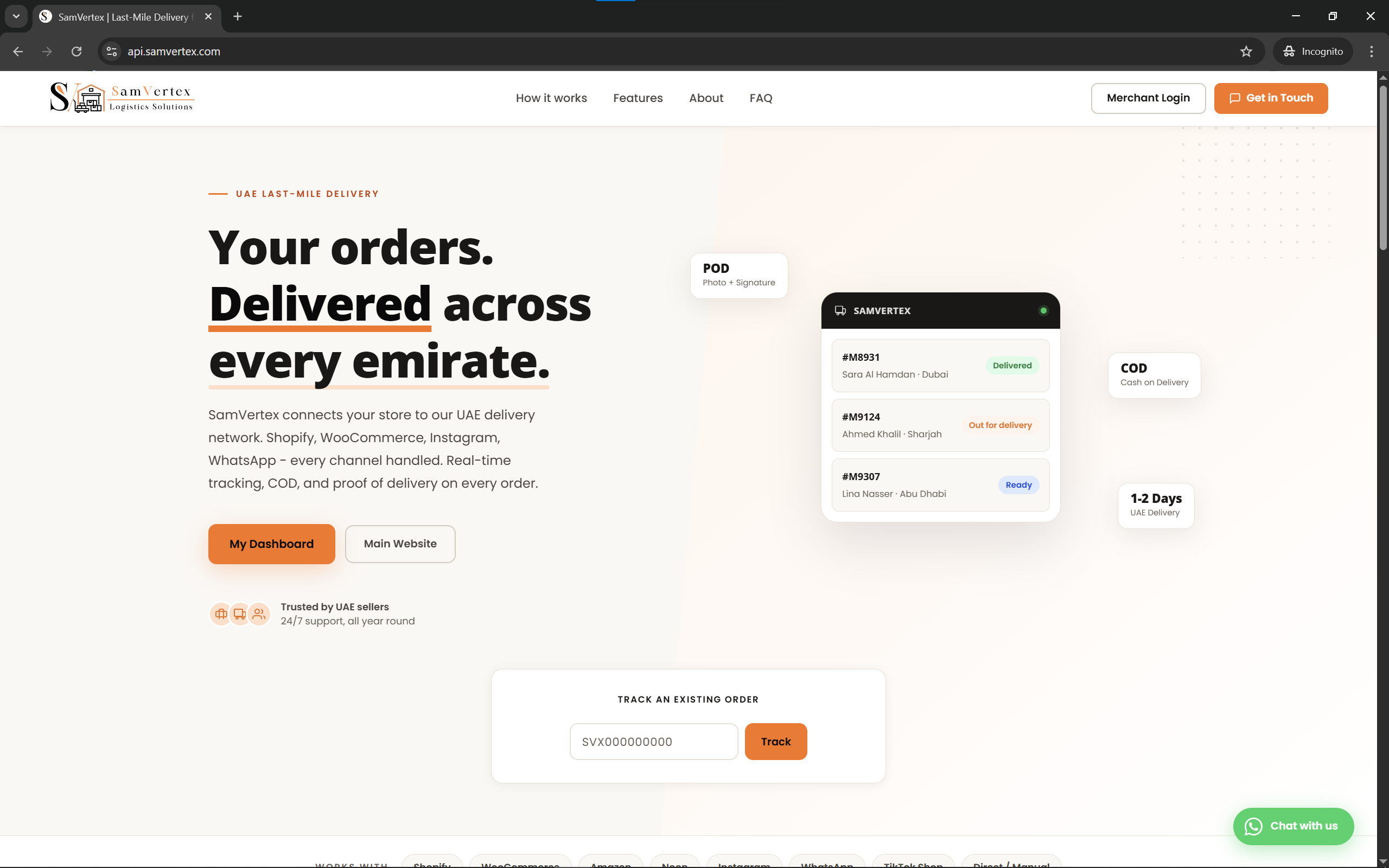 نظرة عامة على بوابة تاجر SamVertex تعرض عدّادات الطلبات وتفاصيل الحالة وجدول الطلبات الحديثة وملخص COD